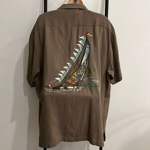 Tommy Bahama Silk Shirt L Brown Embroidered Back Short Sleeve Hawaiian Vacation
